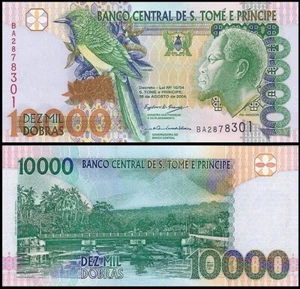 SAO TOME E PRINCIPE 10,000 DOBRAS 2004 UNC EMERALD CUCKOO AT LEFT CENTER,REI AMA - Picture 1 of 1