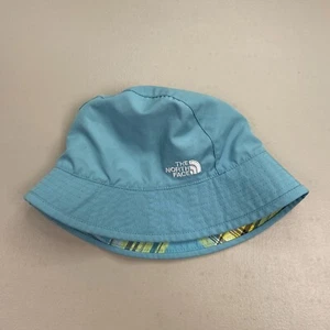 The North Face Reversible Bucket Hat Girls One Size Blue Yellow Plaid UPF30 Sun - Picture 1 of 7