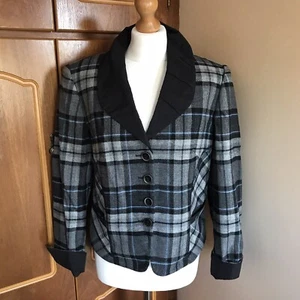 Gerry Weber Size 12 Grey Blue Black Jacket Blazer Check 70% Wool Formal Tartan - Picture 1 of 12