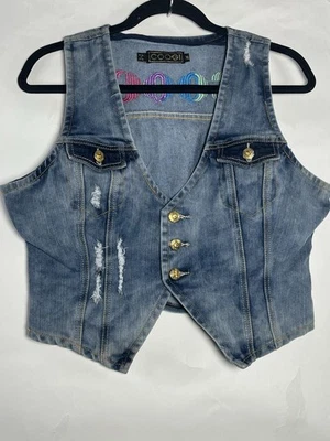 Coogi Denim Jean Jacket Vest Size XL Rainbow Embroidered Big Logo Streetwear Y2K - Image 1 of 4