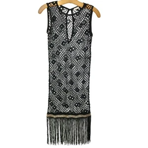 Crochet Fringe Cover-Up Dress Black Gold Chain Trim M BOHO Sleeveless Festival - Picture 1 of 7