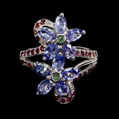 925 Sterlingsilber Ring Oval Tansanit Smaragd Rhodolith Edelstein Schmuck Sz 7 - Bild 1 von 4