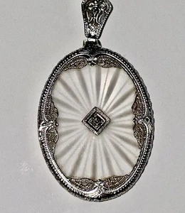 Antique Art Deco 14k White Gold Camphor Glass Diamond Pendant - Picture 1 of 10