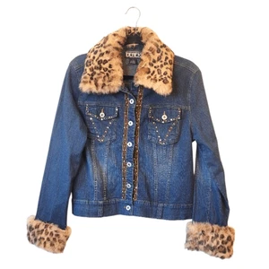Vintage Y2K Berek Kaninchenfell Leopardenmuster Jeansjacke Größe L - Bild 1 von 7