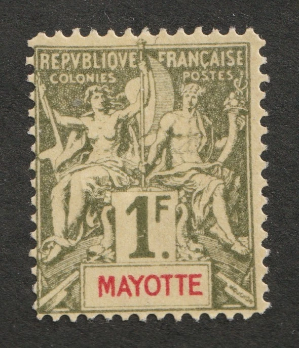 Falsificación Hirschburger: Colonia Francesa Mayotte Sc# 19 - 1Fr Navegación y Comercio. Foto 1 de 1