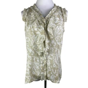 AK Anne Klein V-Neck Ruffle Sleeveless Blouse Women's 12P Tan White Snap Front - Picture 1 of 8