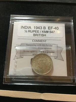1943 B  India / British,  1/4 Rupee,  Coin Mart Graded**EF-40** KM# 547 - Image 1 of 4
