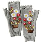 Stretchy Floral Embroidered Hand Warmer Fingerless Knitted Gloves Soft Mitten