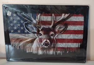 Neu Buck Wear Metall Blechschild amerikanische Flagge mit Buck Einsatz 12" x 17" - Bild 1 von 2