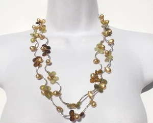 FRANCA Green Brown Gold Vermeil Clustered Teardrop Gemstone Silver Long Necklace - Picture 1 of 12
