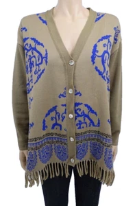OLIVER BY VALENTINO CARDIGAN PULLOVER TAUPE UND BLAU BAROCK DESIGN 42 LARGE - Bild 1 von 5