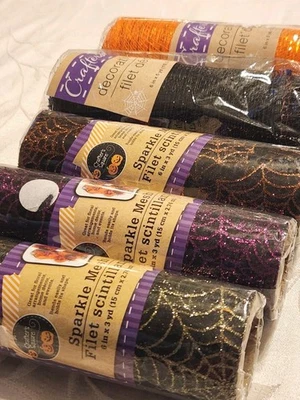 Lot of 5 Orange & Black Halloween Glittered Spiderweb Sparkle Mesh Rolls 30 yard - Image 1 of 4