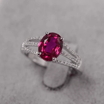 925 Sterling Silver Ruby Lab Created Gemstone Women Pave Band Ring Duty Free - Image 1 of 4