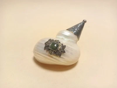 CONCHIGLIA ARGENTO 800 MADREPERLA VINTAGE decorazioni Incise PIETRA DURA - Immagine 1 di 4