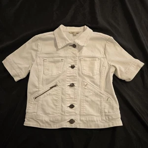 Chaqueta de mezclilla blanca con botones de manga corta Cabi Jeans para mujer con bolsillos talla XS - Imagen 1 de 8