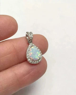1.50Ct Pear Cut Fire Opal Halo Pendant Necklace 14K White Gold Finish Free Chain - Image 1 of 4