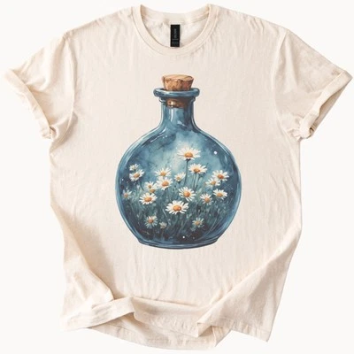 Camisa Flor Margarita Azul Tarro de Vidrio Gráfico Camiseta Botánica Flor Silvestre Top Foto 1 de 4