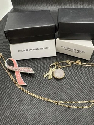 K40/NIB Lot Of 2 Avon Breast Cancer Pink Hope  Ribbon Pin & Rose Quartz Necklace - Image 1 of 4