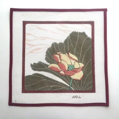 JUELL Handpainted Needlepoint Canvas Lotus Blossom Peach Orange Brown 14 Mesh - Image 1 of 4
