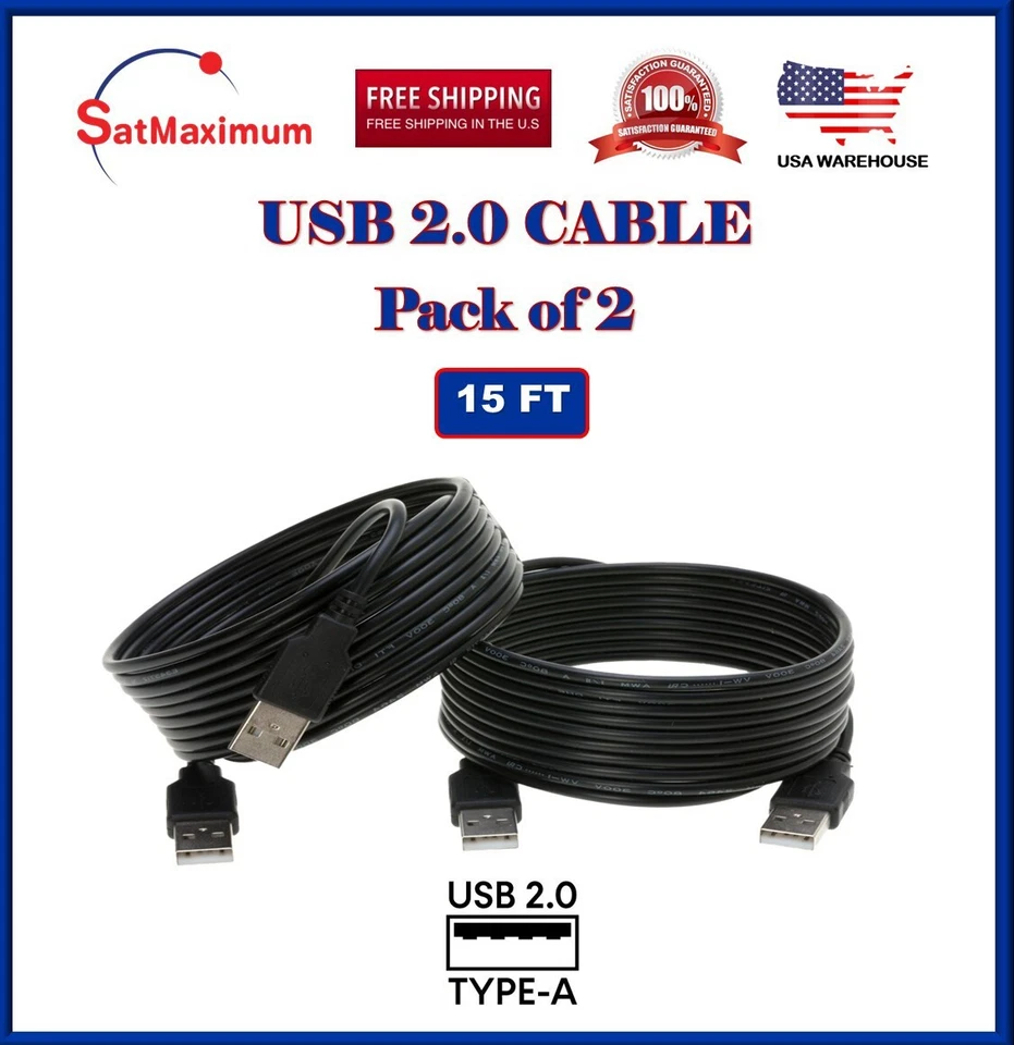 2-Pack – 15FT USB 2.0 Cable A-Male/A-Male High-Speed Data Transfer/Charging Cord - Image 1 of 4