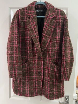 Abrigo a Cuadros ZARA Cuello Solapa Bolsillos con Solapa Marrón/Rosa Talla S Foto 1 de 4