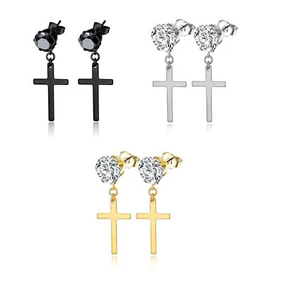 Mens Womens Stainless Steel Cross Drop Dangle Earrings CZ Ear Stud Jewelry Gift - Image 1 of 4