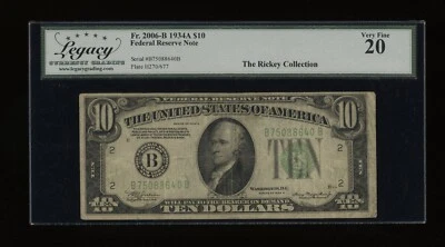 DBR 1934-A $10 FRN New York Fr. 2006-B Legacy VF-20 Serial B75088640B - Image 1 of 2