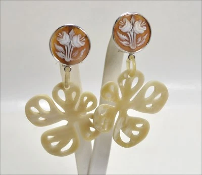 ORECCHINI IN ARGENTO 925 CON CAMMEI IN SARDONICO FIORI E PENDENTI AGHT 0260 - Immagine 1 di 3