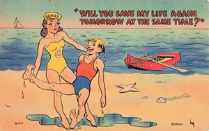 Vintage Postcard - unposted / great artwork - Lady Lifeguard humor with man - Picture 1 of 2