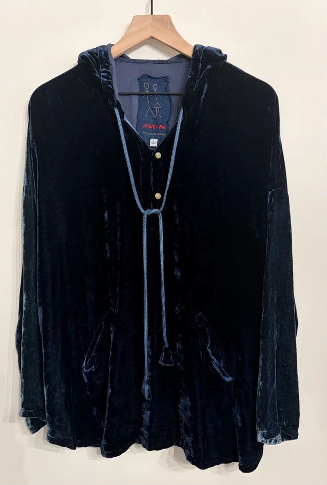 Pullover Johnny Was Pete & Greta para mujer azul con capucha terciopelo seda talla grande S Foto 1 de 4
