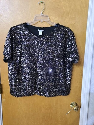 Blusa Top H&M Negra Lentejuelas Everywhere Brillante Fiesta, Para Mujer Mediana, NUEVA Foto 1 de 4