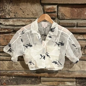 Cinq a Sept 5a7 Heligan Ivory Silk Floral Embroidered Crop Button Down Shirt - Picture 1 of 12