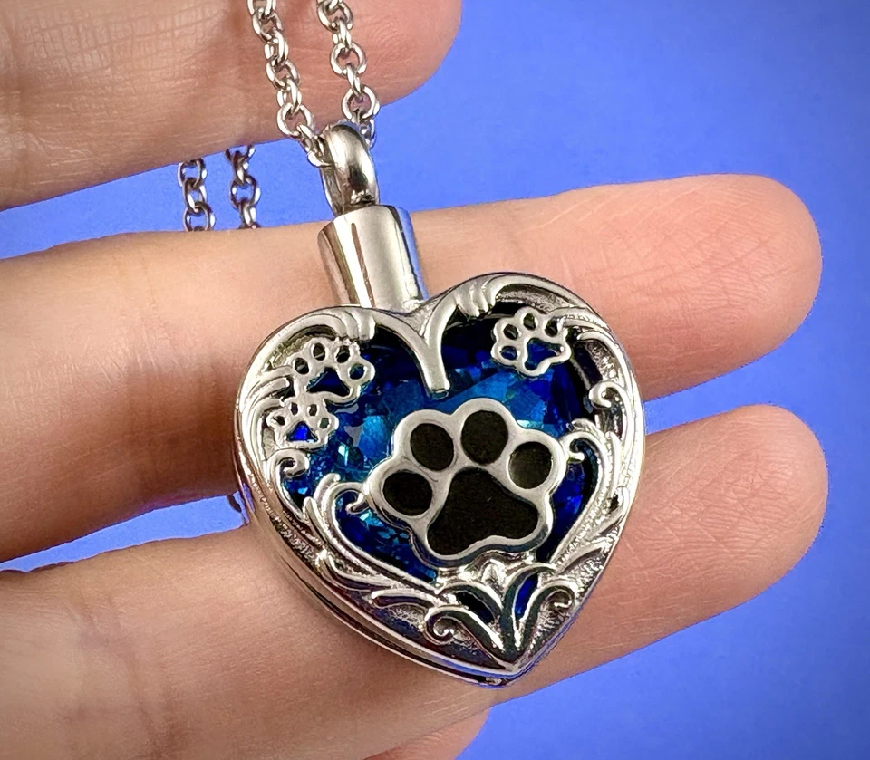 Collar de cremación azul para mascotas sostiene cenizas urna colgante joyería regalo estampado de pata perro C Foto 1 de 4