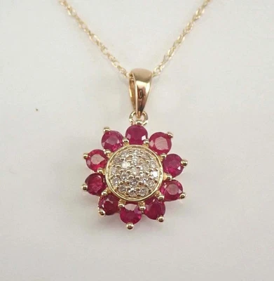 1.5Ct Round Cut Lab Created Red Ruby Flower Pendant 14K Yellow Gold Finish 18" - Image 1 of 4