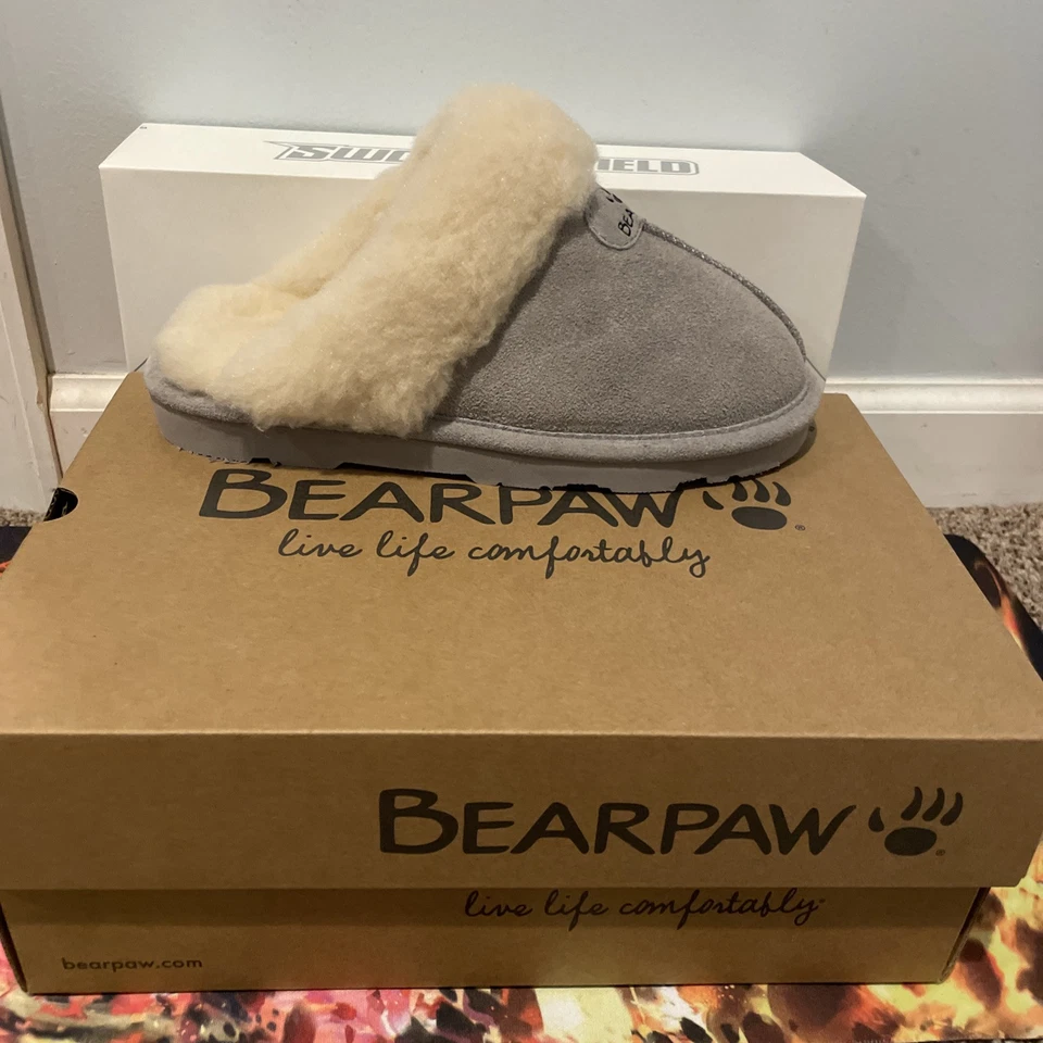 Bearpaw Mujer Zapatillas Grises Con Piel!  Loki talla 7. ¡Cómodo y cálido! ¡Nuevo con caja! Foto 1 de 4