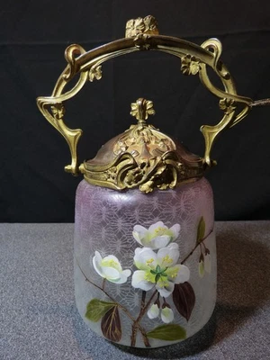 Jar Biscuit Antique Art Nouveau 1900 Glass Engraved Tinted Enamelled Bronze - image 1 of 4