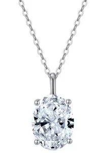 STERLING SILVER 925 OVAL SHAPED WHITE SOLITAIRE PENDANT WOMEN NECKLACE 18-INCH - Picture 1 of 3