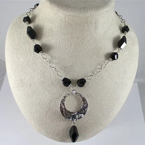 Collar de Plata 925 Rodiado, Ónix Negro , Colgante Martillado - Imagen 1 de 1
