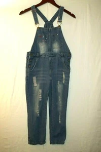 Vintage Girls Jeans Denim Bib Overalls Distressed w Bling 140/68 - Picture 1 of 9