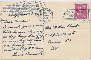 USA 1951 SLOGAN CANCEL "GIVE ENOUGH THRU YOUR COMMUNITY CHEST" FROM LA, CA - Picture 1 of 1
