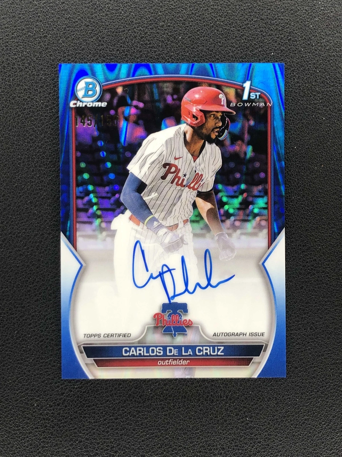 2023 Bowman Chrome Carlos De La Cruz Phillies 1st Auto Blue RayWave /150 DM1SJI