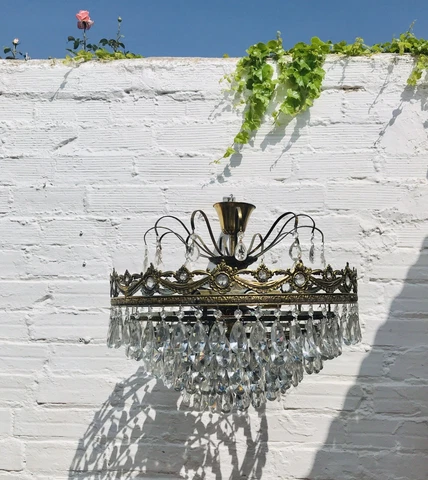 21" French Antique Tiered Chandelier, Brass, Tear Drop Crystal, Semi Flush Mount Cover