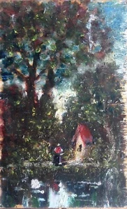 Oil Painting Wayside Cross Impressionist Miniature° Girl's Antique Unsigned/ - Picture 1 of 3