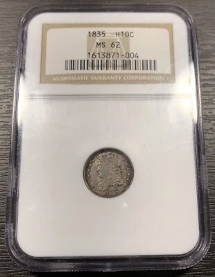 1835 Capped Bust Half Dime graded MS62 by NGC Nicely Toned Small Date Large 5 - Image 1 of 2