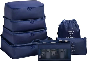 Travel Packing Cubes 7pcs Multifunction Suitcase Organiser Set Waterproof Navy - Picture 1 of 8