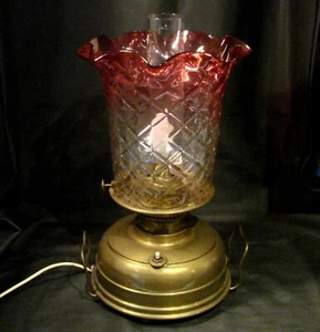 Large Antique Electrified Table Oil Lamp with Ruby Edged Glass Shade - Picture 1 of 10