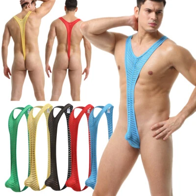 2x Men Wrestling Singlet Bodysuit Jockstrap Stretch Mankini Transparent Overalls - Image 1 of 4