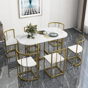 Compact 7-Piece Dining Table Set Faux Marble Table with 6 Dining Kitchen Chairs - Picture 1 of 19