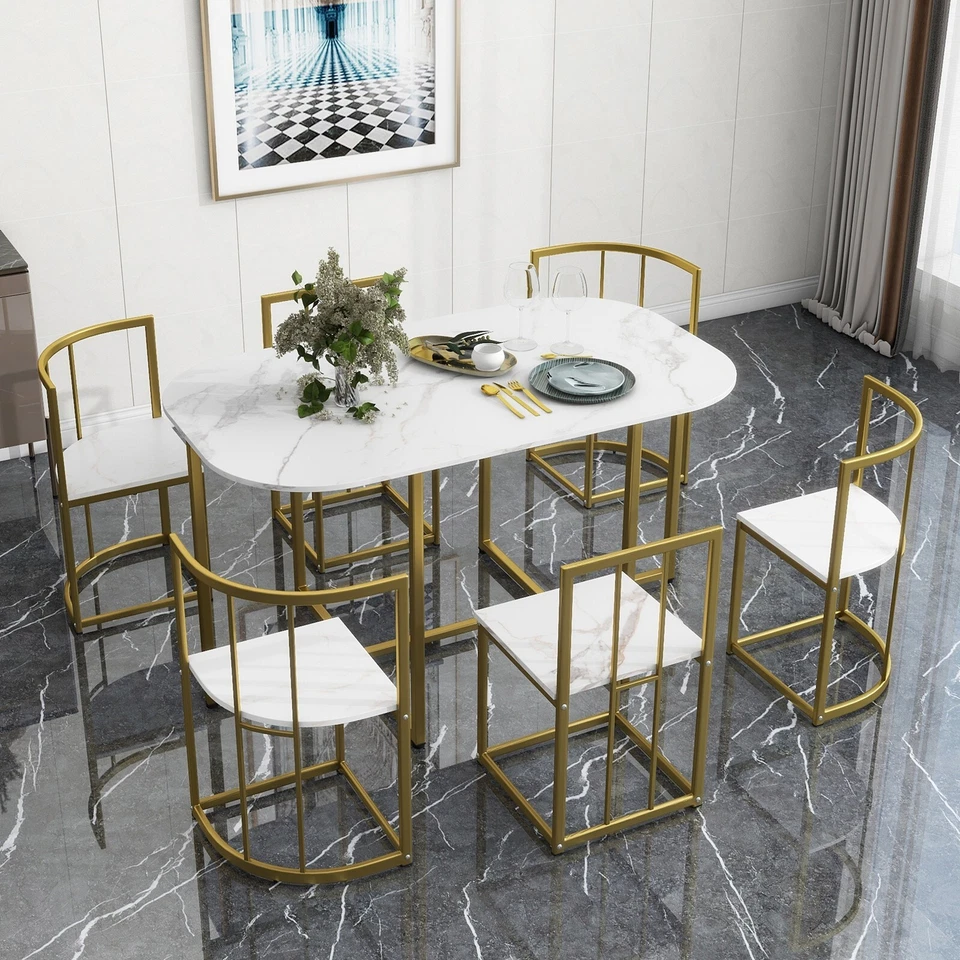 Compact 7-Piece Dining Table Set Faux Marble Table with 6 Dining Kitchen Chairs - Image 1 of 4