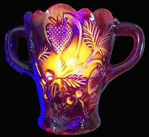 Vtg Mosser Inverted Strawberry 2 Handle Ruby Red Glass Spooner 5" Cadmium UV Glo - Picture 1 of 13
